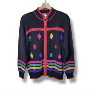 FIA Italia Vintage 80s Cardigan Sweater Full Zip Colorful Hand-Loomed Size M